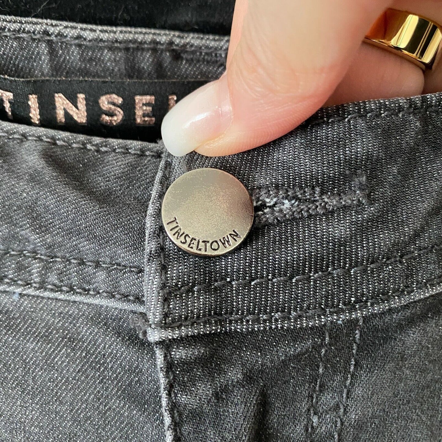 Fashion Nova Tinseltown Charcoal Gray Distressed Knees Raw Hem Skinny Jean 3