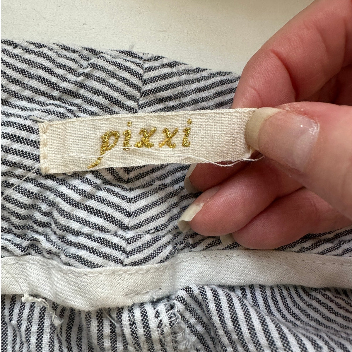 Pixxi Gray & White Striped Bermuda Shorts White Trim & Button Detail M