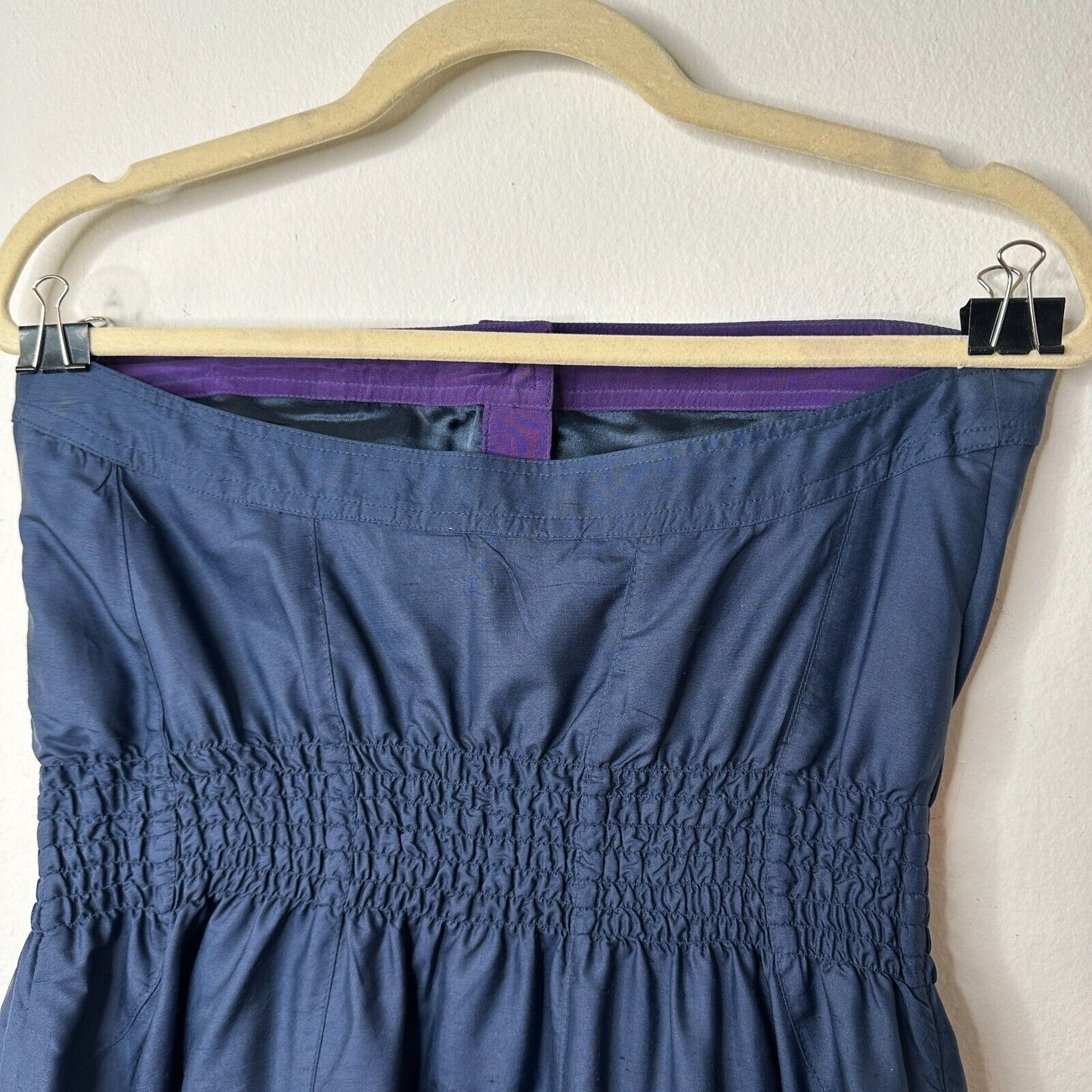 Modern Amusement Cute Strapless Navy Button Down Tiered Ruffle Dress 100% Silk 6