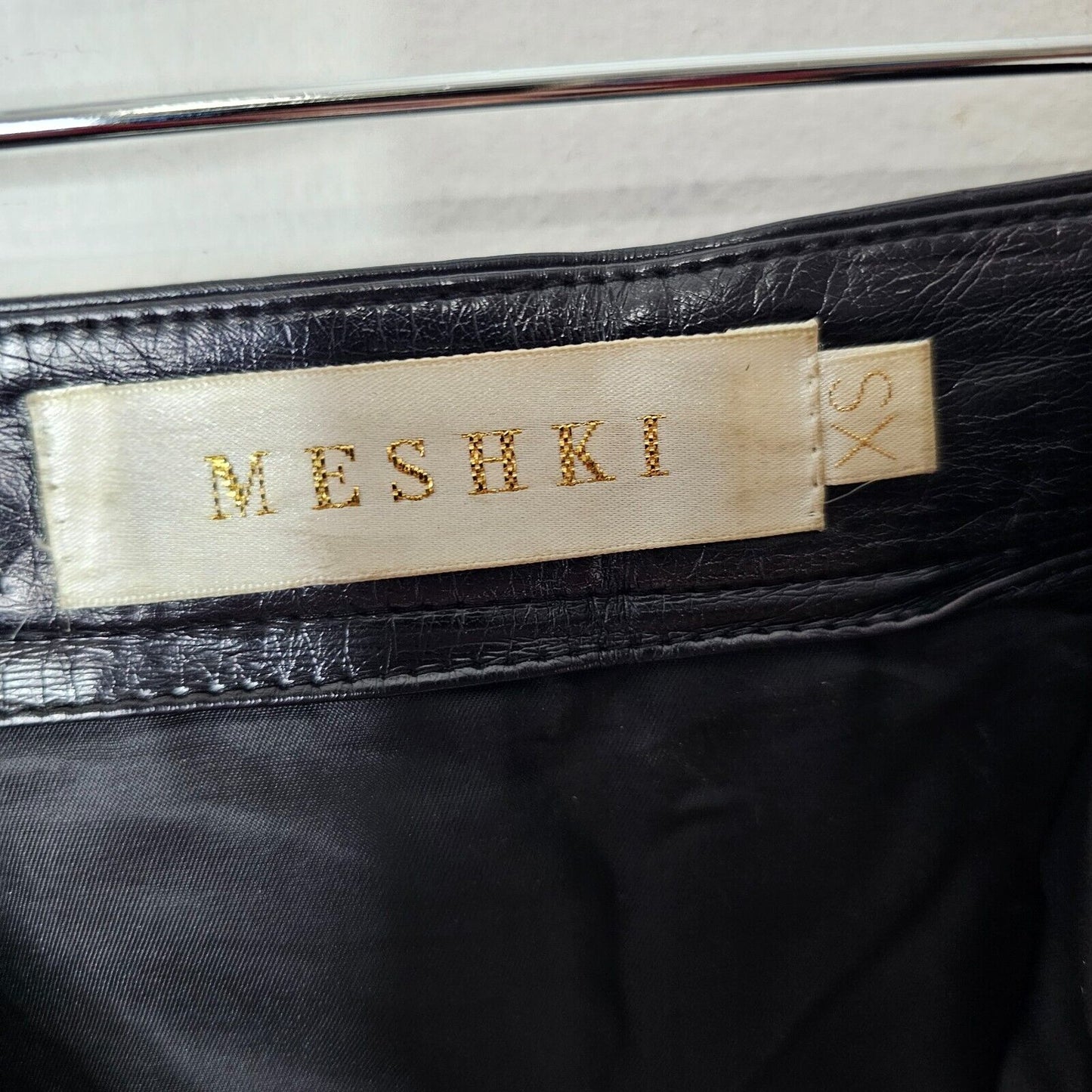 Meshki Black Faux Leather Mini Slant Silver Front Zip Diagonal Zip Pocket XS
