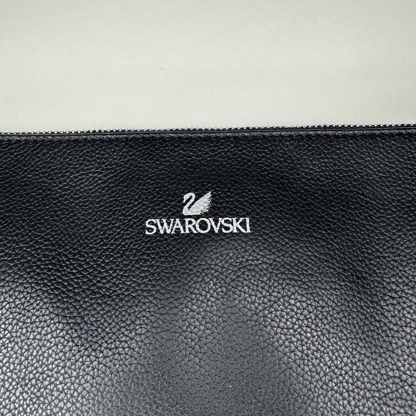 NIB Swarovski Black Quilted Leather & Crystals Zip Close Leather Strap Clutch