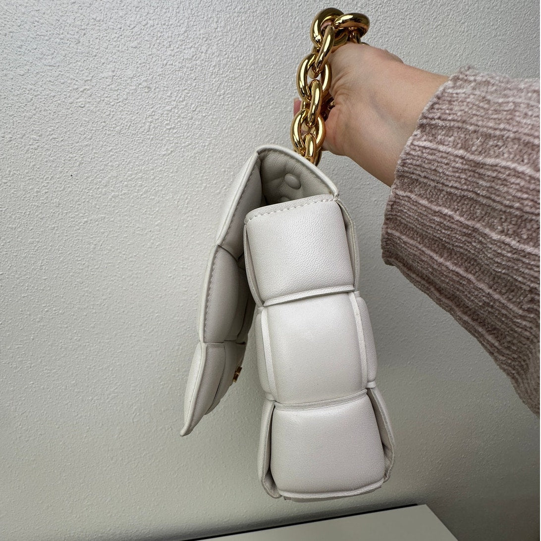 Bottega Veneta Chain Cassette Padded Lambskin Off White Gold Chain Bag