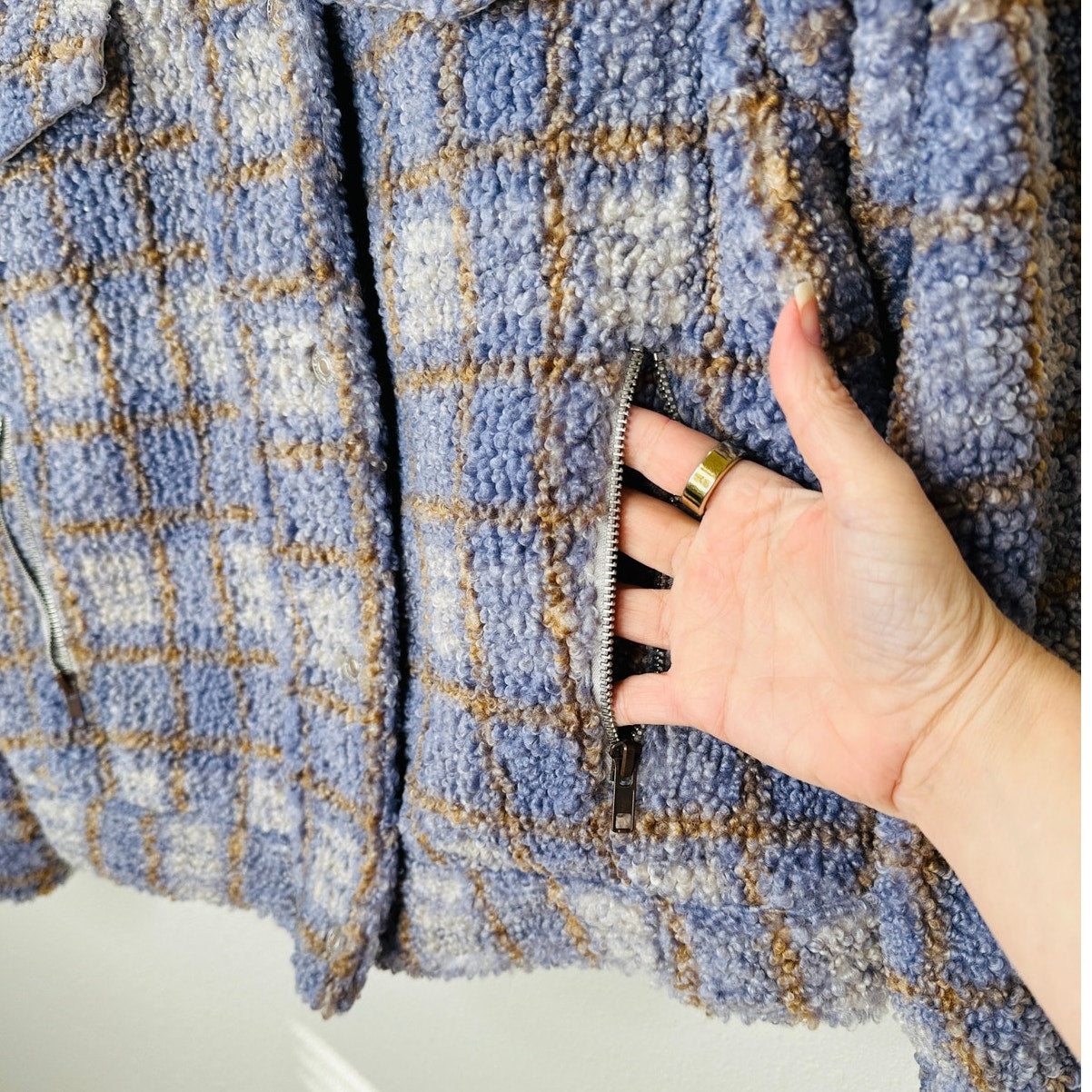 We The Free Fuzzy Loop Stitch Ivory Blue Tan Mock Neck Zip Jacket XS