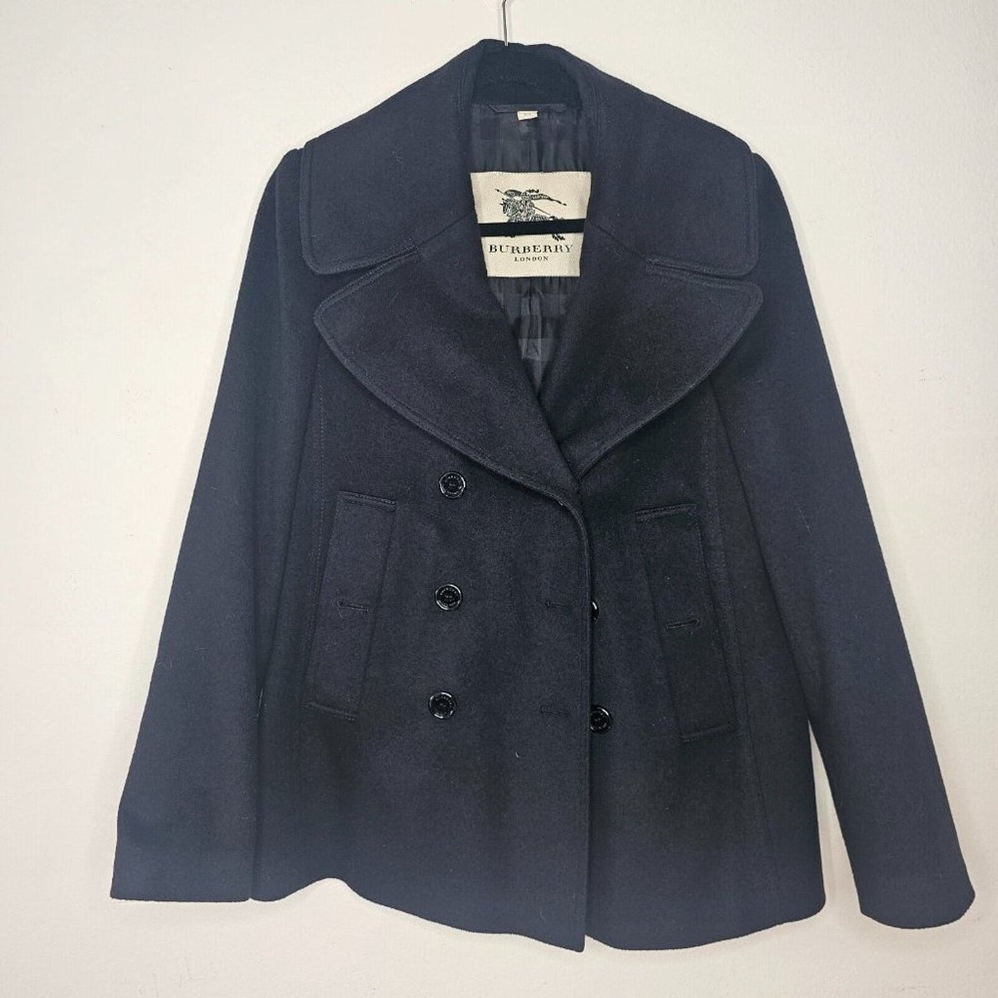 Burberry London Black Double Breasted Cashmere Wool Blend Pea Coat Jacket 8