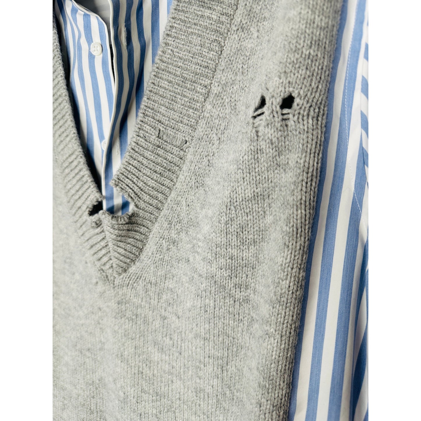 Maison Margiela Distressed Gray Vest Layered Blue & White Stripe Shirt