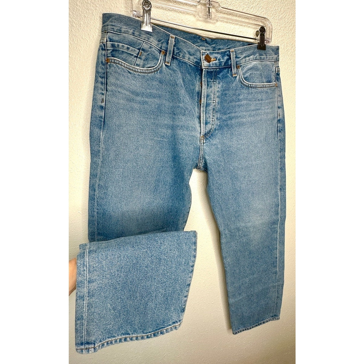 Goldsign Medium Light Wash Straight Leg Gold Button Fly Denim Jeans 31