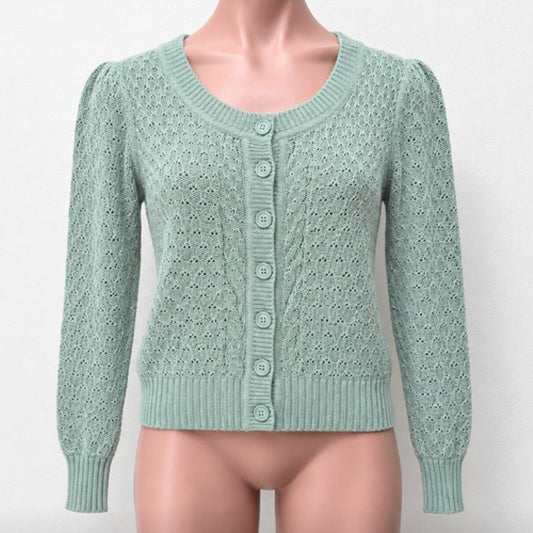 Ye Mak Mint Green Classic Casual Button Front Crew Neck Knit Crop Sweater Small