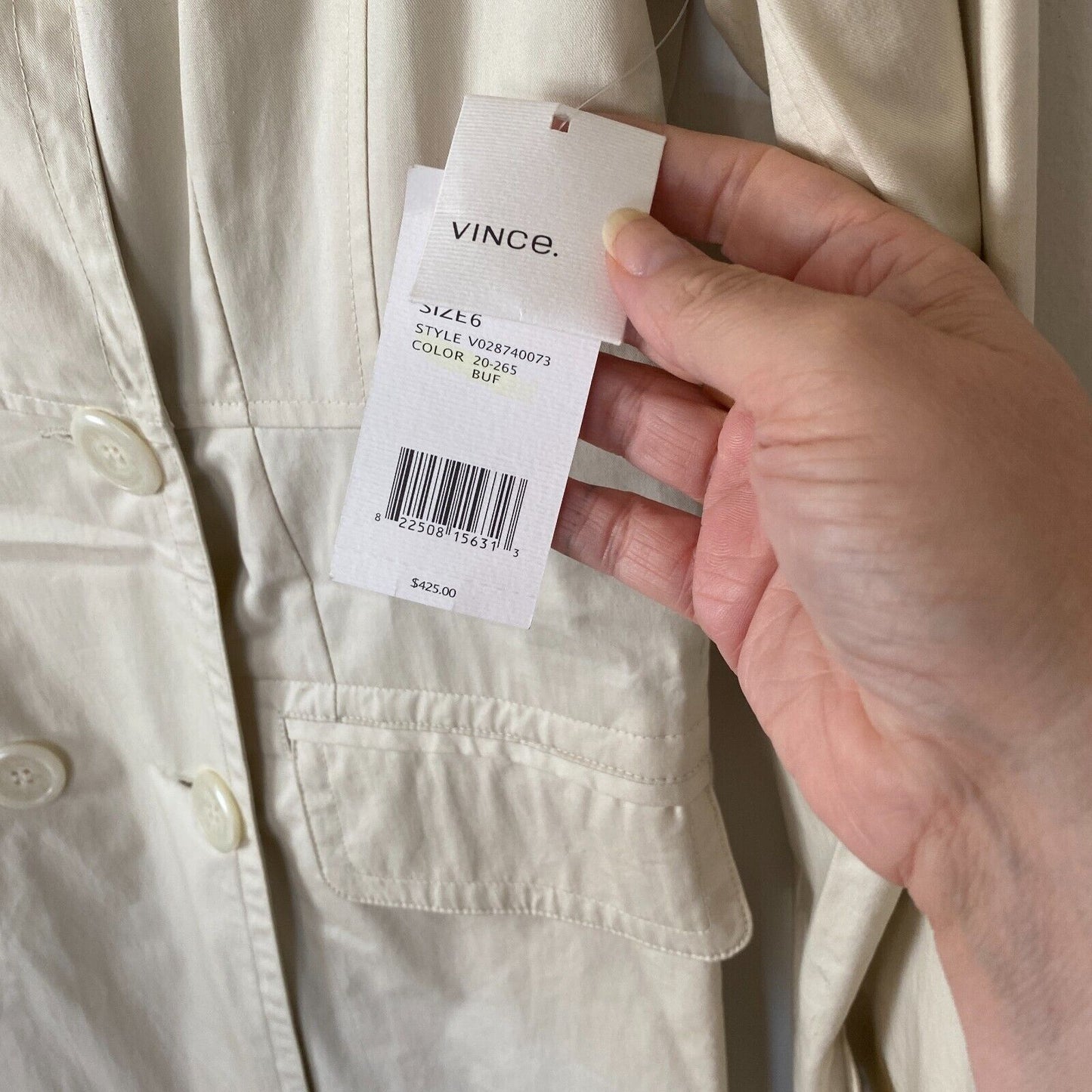 NWT Vince Cream Tan Fitted Peacoat Utility Duster Jacket Sage Lining Size 6