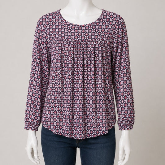 Ann Taylor Loft Purple Pink & White Flowy Blouse Long Sleeve Shirred Yoke XXSP