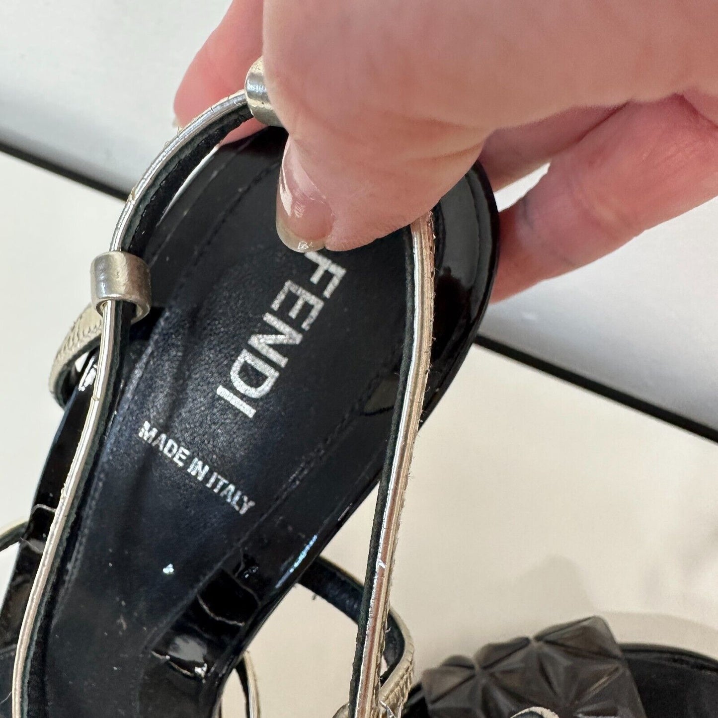 Fendi Cute Black Silver Iridia PVC Buckle Pyramid Metallic Strap Sandals 39