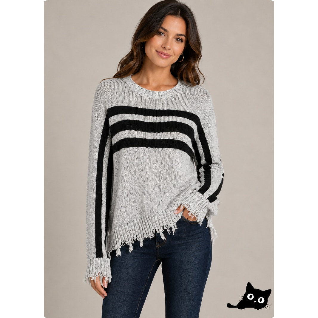 Havana Gray Black Stripe Distressed Long Sleeve Round Neck Sweater Zip Back SM