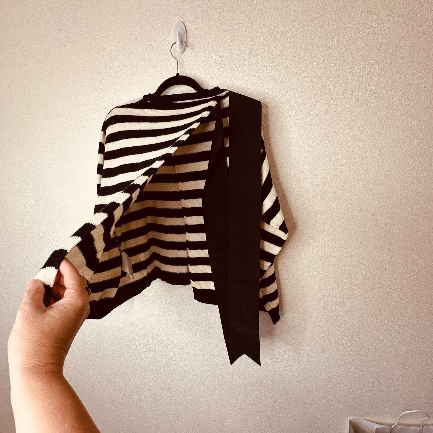 Valentino Off White & Black Horizontal Stripe Open Back Satin Shoulder Tie Top L