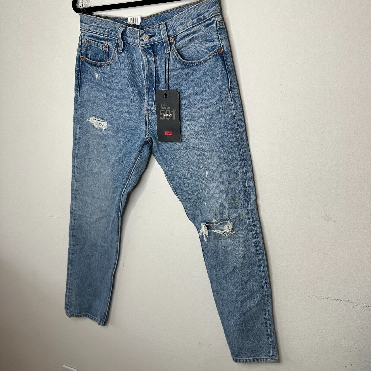 NWT Lee 501 Skinny High Rise Non Stretch Med Wash Distressed Button Fly Jean 29