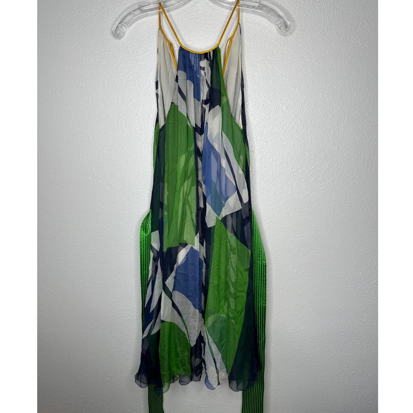 Catherine Malandrino Blue Green Cream Sleeveless Silk Tie Dress 6