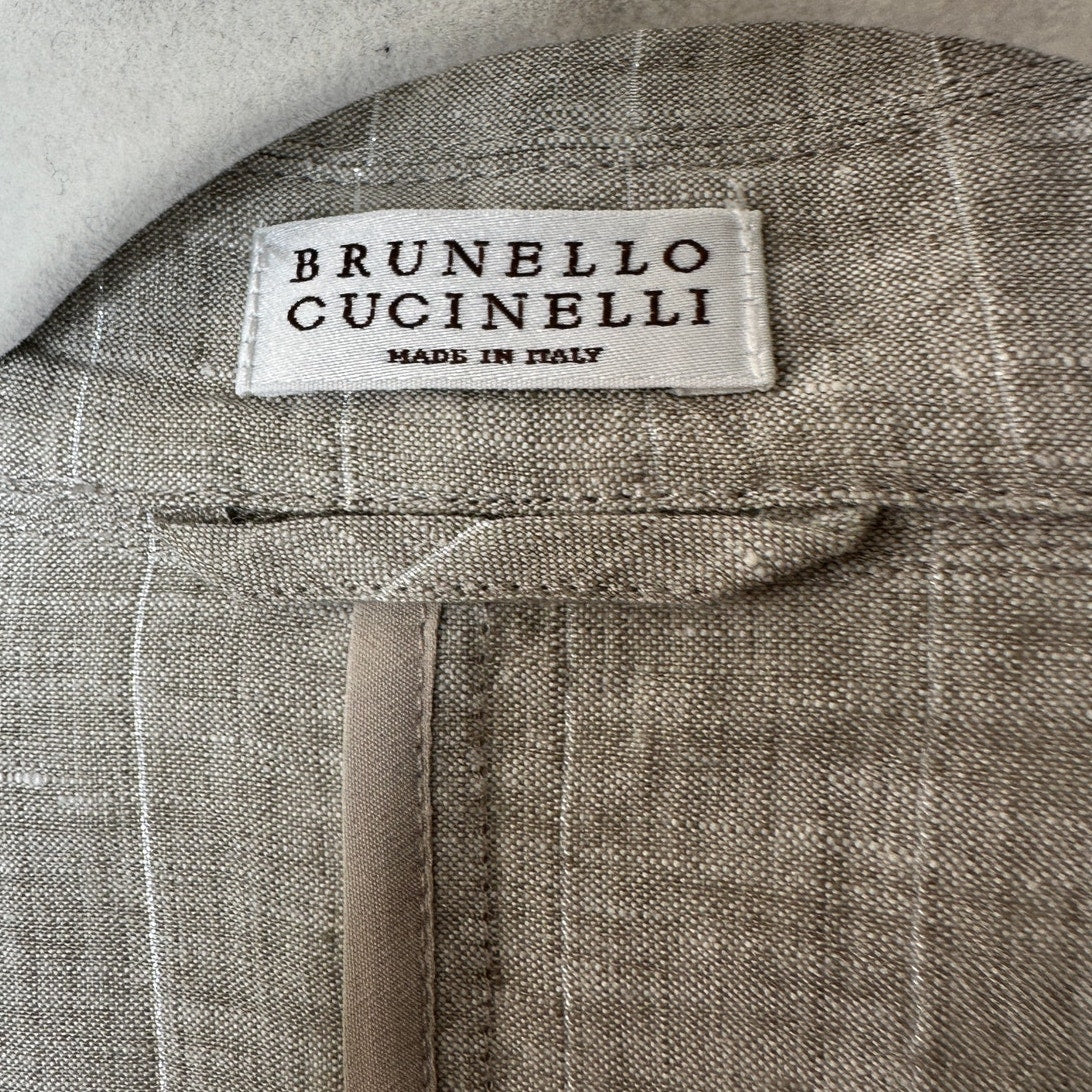 Brunello Cucinelli 100% Linen Beige Silver Stripe Button Blazer 46 / 14