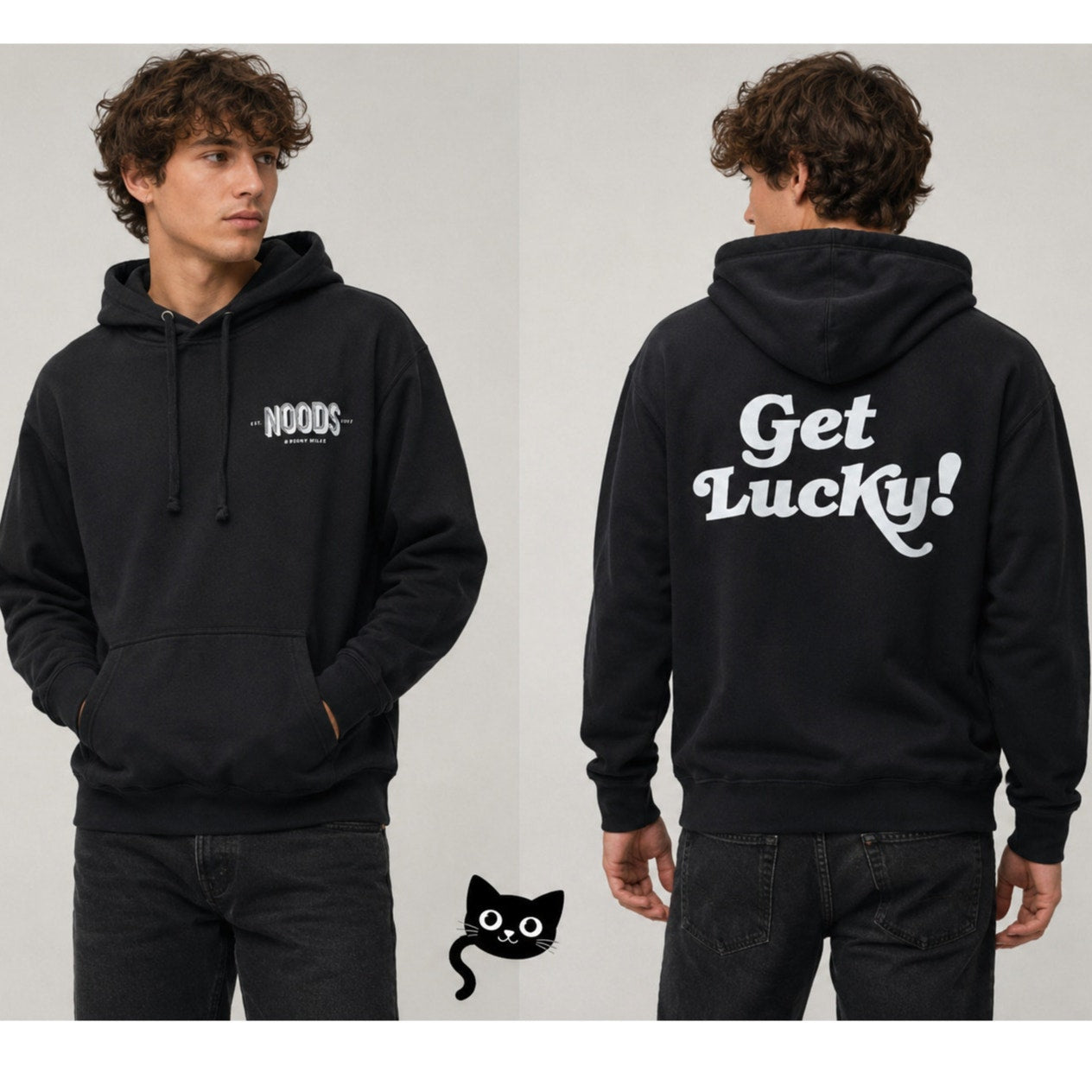 NWOT Black White Noods Get Lucky! Long Sleeve Front Pocket Hoodie Sweater Medium