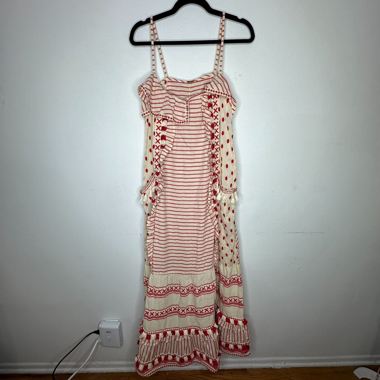 DODO BAR Tan & Red Stripe Polka Dot Ruffle Fringe Maxi Boho Resort Dress  S