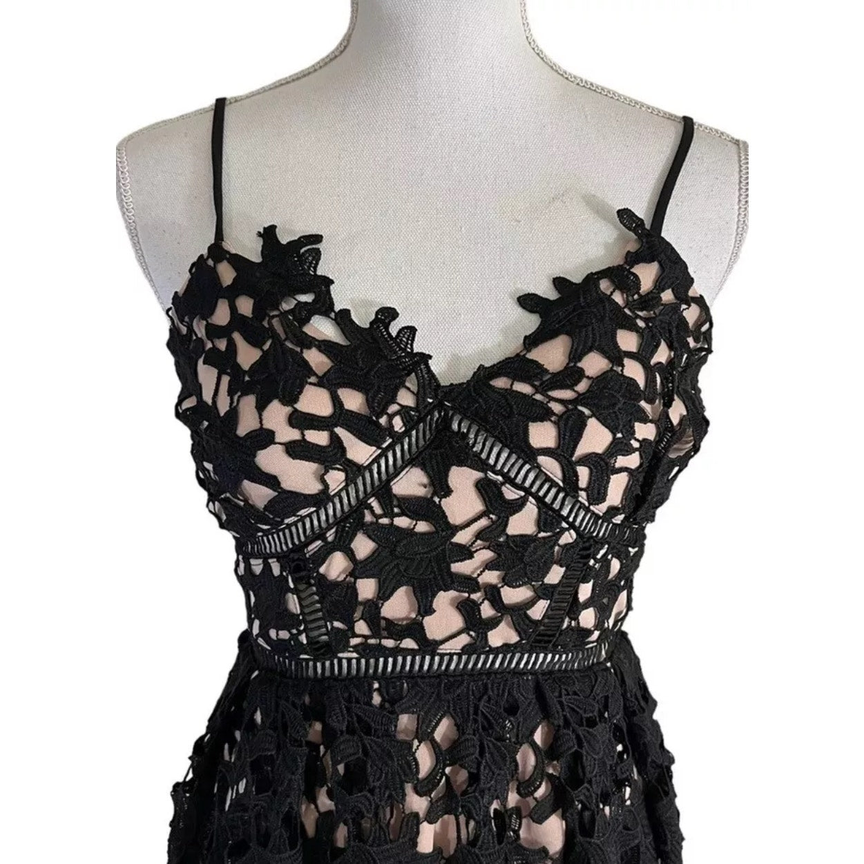 Aqua Black Lace Overlay Tan Lining Spaghetti Strap Cami Midi Dress SM