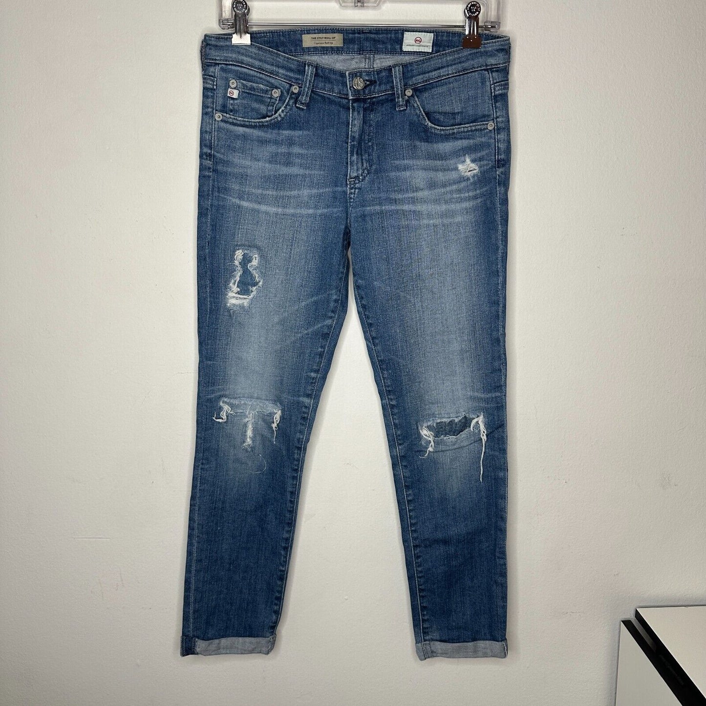 Ag Adriano Goldschmeid Distressed Med Wash The Stilt Cigarette Roll Up Jeans 27