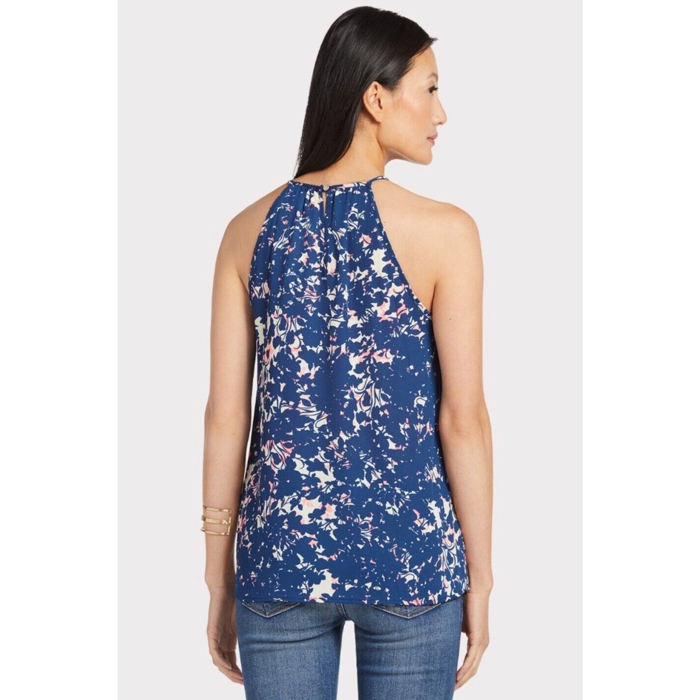 Allison Joy Cassidy Tank Navy Pink Keyhole VNeck Sleeveless Back Button XS