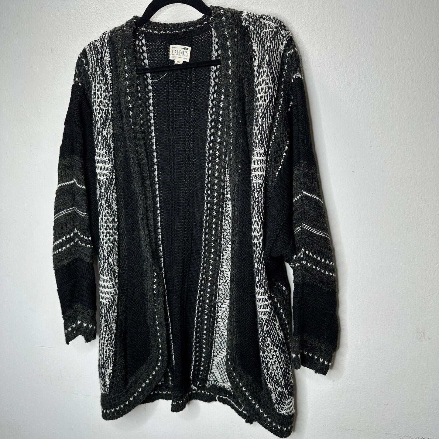 LA Hearts Black Gray and Cream Striped Knit Long Line Open Cardigan Sweater OS