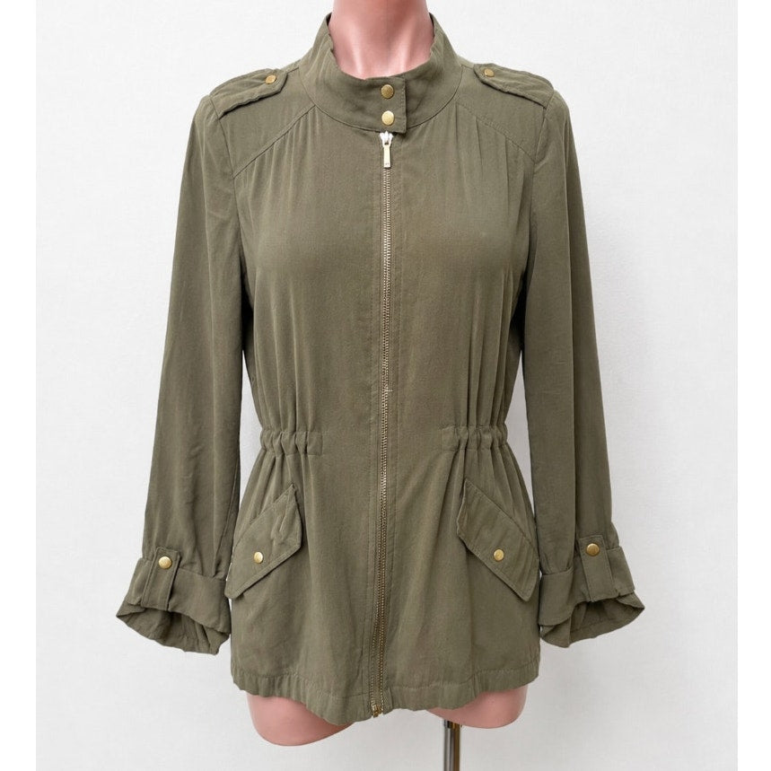 Zara Olive Green 3/4 Cuffed Sleeve Collared Zip Cinch Waist Jacket XS