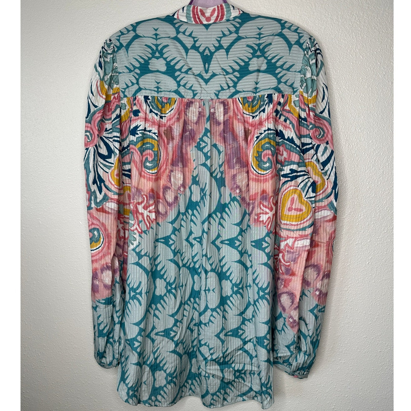 NWT Etro Teal Multicolor Paisley Georgette Long Sleeve Tie Neck Blouse 48 / XL