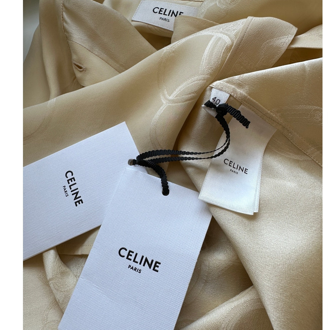 NWT Celine Pale Yellow Chemise Boyfriend Lavallieri Silk Chain Blouse 40 / L