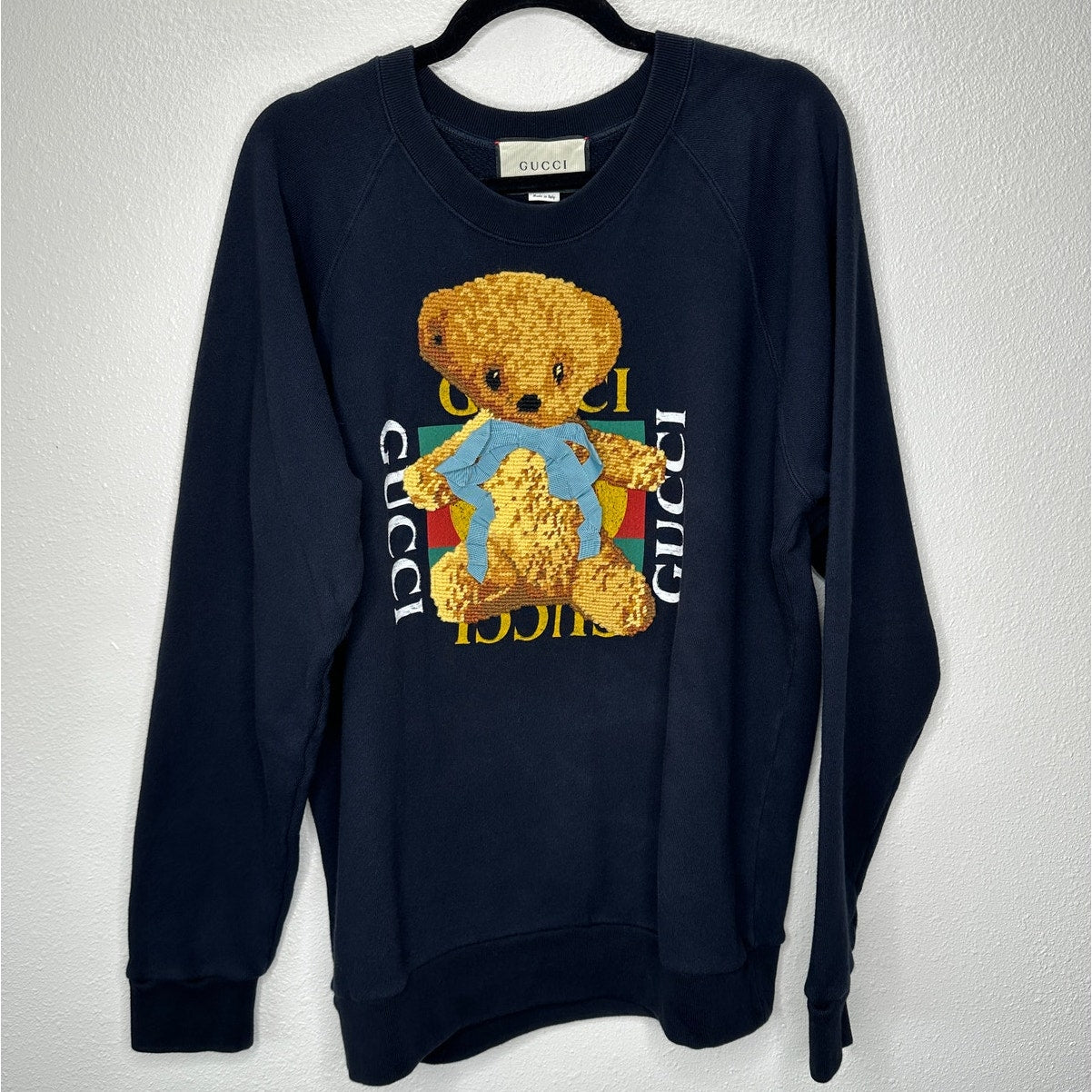 Gucci Navy Black with Tan 3D Teddy Bear & Bow Sweater Sweatshirt L