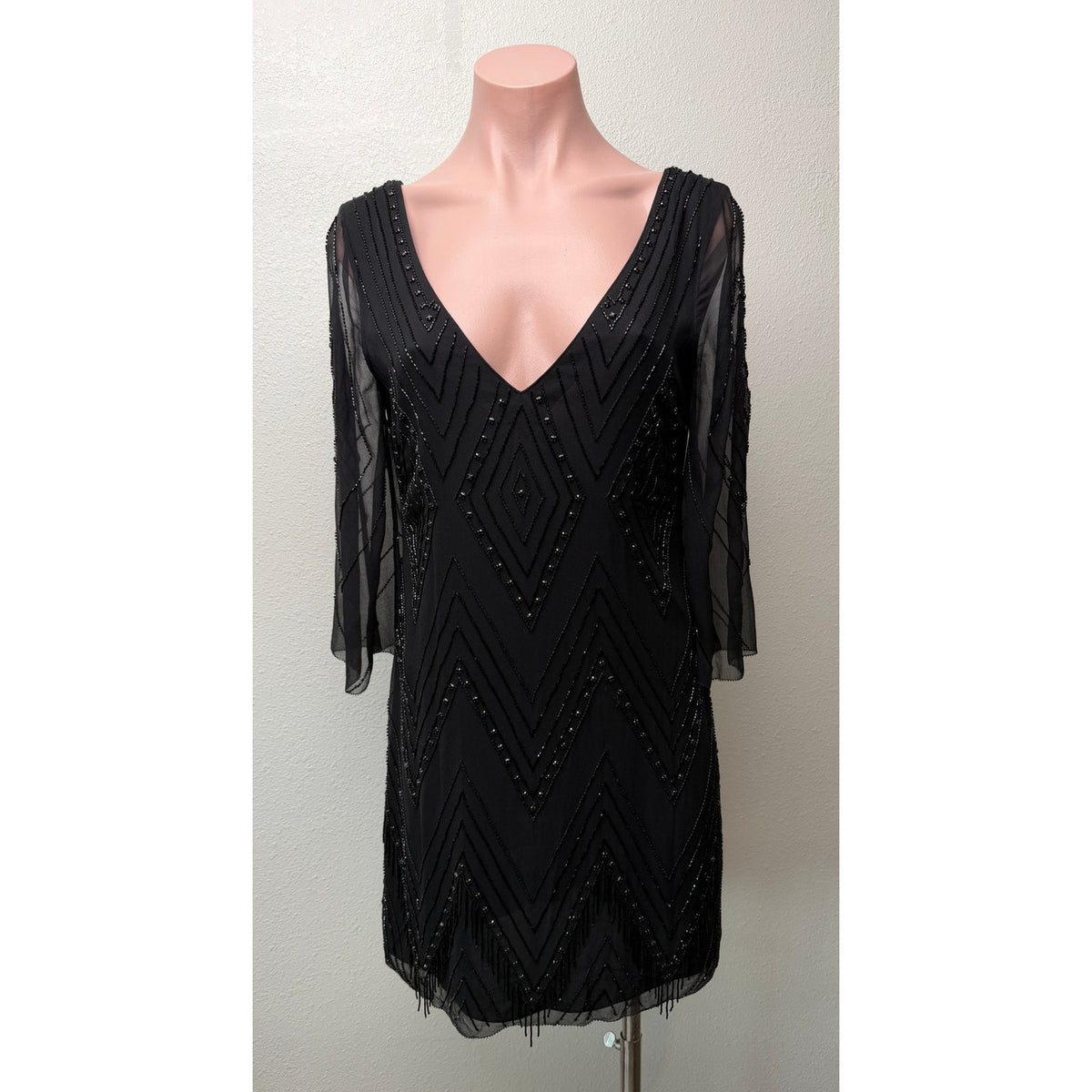 Alice + Olivia Black Beaded V Neck Mini Dress Women US 4