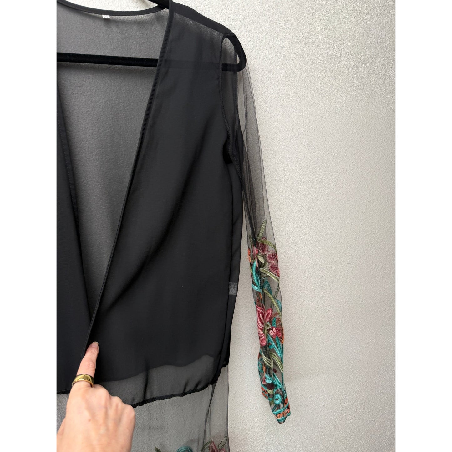 Sheer Floral Embroidered Fringe Kimono Duster Black Women’s M