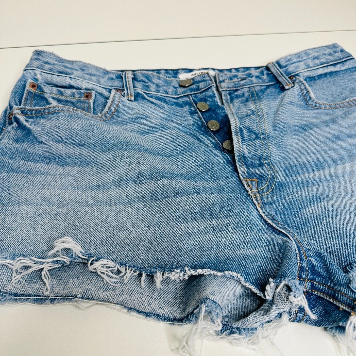 Grlfrnd Medium Wash Can't Get Enough Cindy Button Fly Cutoff Raw Hem Shorts 31