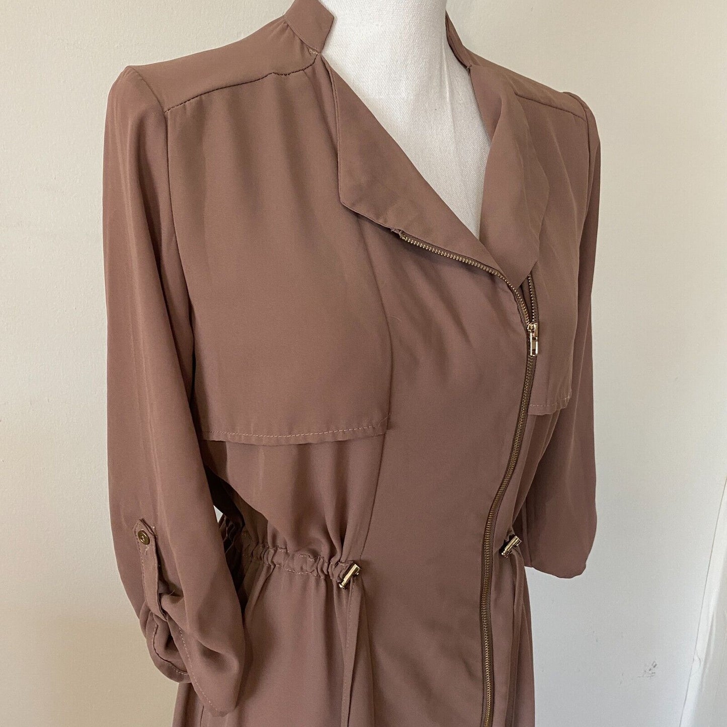 Spoon Milk Chocolate Utility Cinch Waist Tab Sleeve Shirtdress Front Zip S