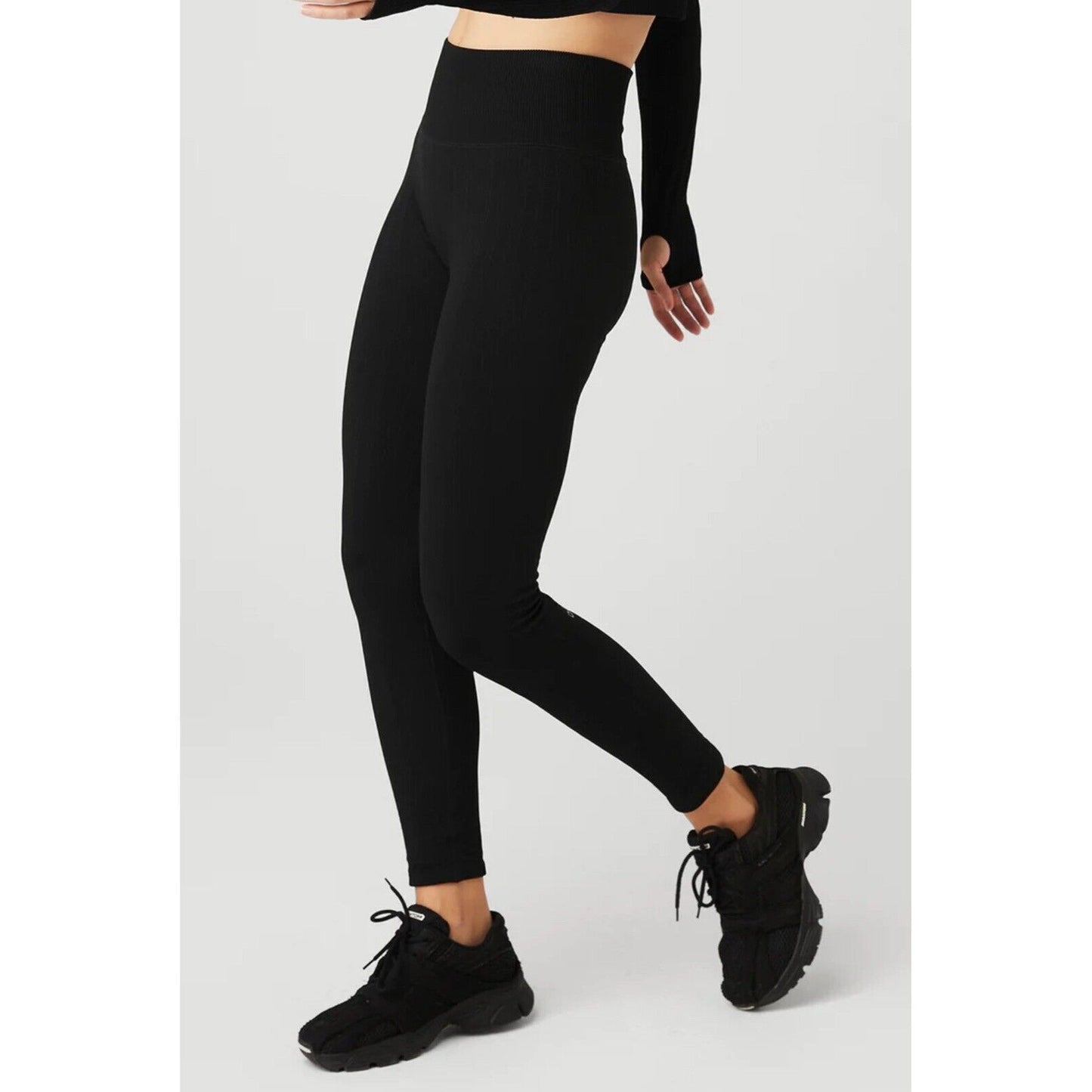 Alo Black Opaque Seamless Cable Knit Print High Waist Stretch Ankle Legging SM