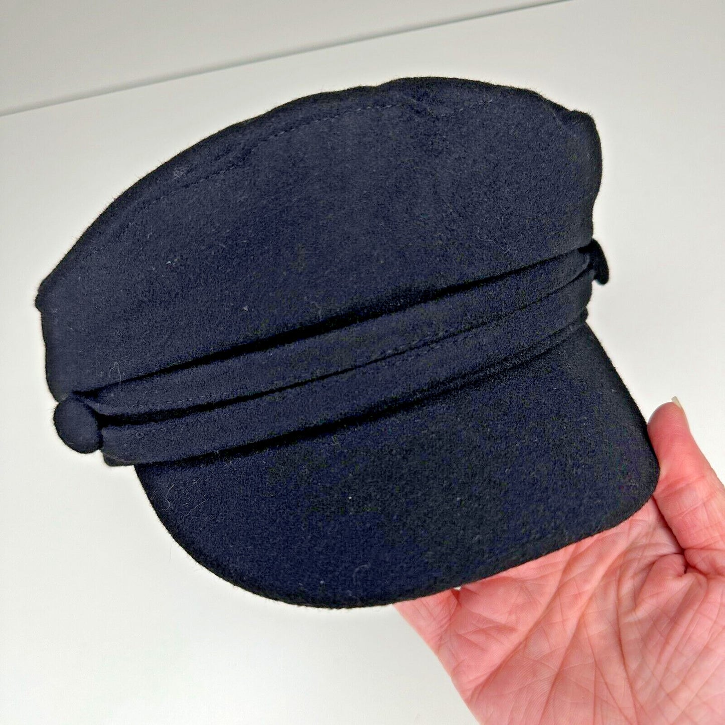 Chic Black Suede Newsboy Style Curved Peak Flat Cap Brim with Side Button Detail