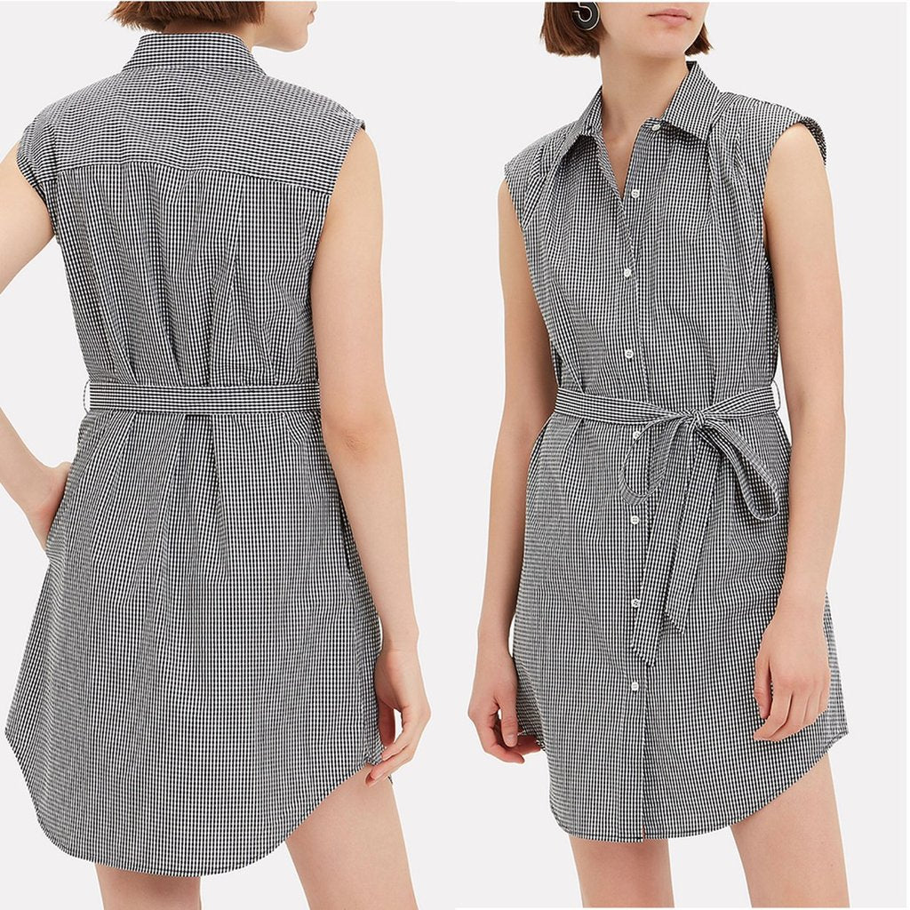 Frame Black & White Gingham Sleeveless Shoulder Pad Button Collared Shirtdress S