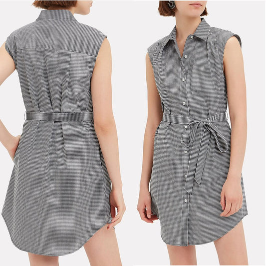 Frame Black & White Gingham Sleeveless Shoulder Pad Button Collared Shirtdress S