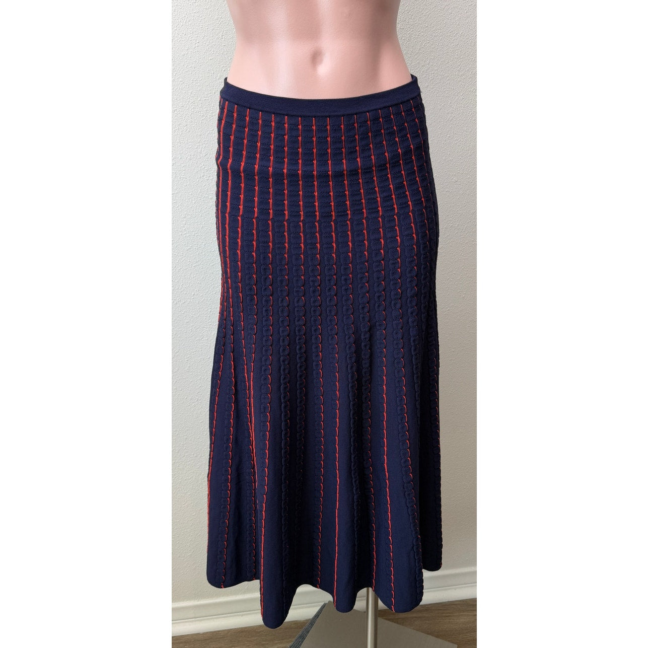 Zara Women Navy Red Striped Knit Midi Skirt US S
