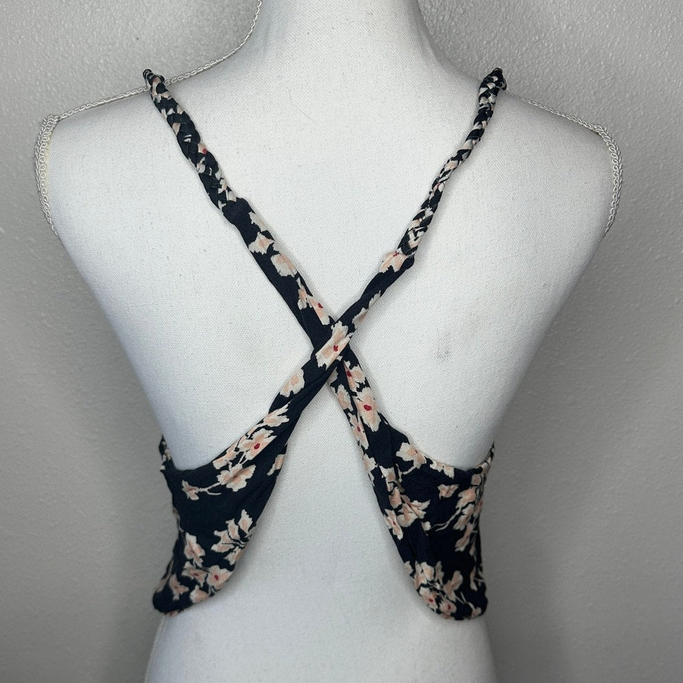 Boho Floral Braided Twist Back Tank Top XS Black Peach Cream Linen Summer Look