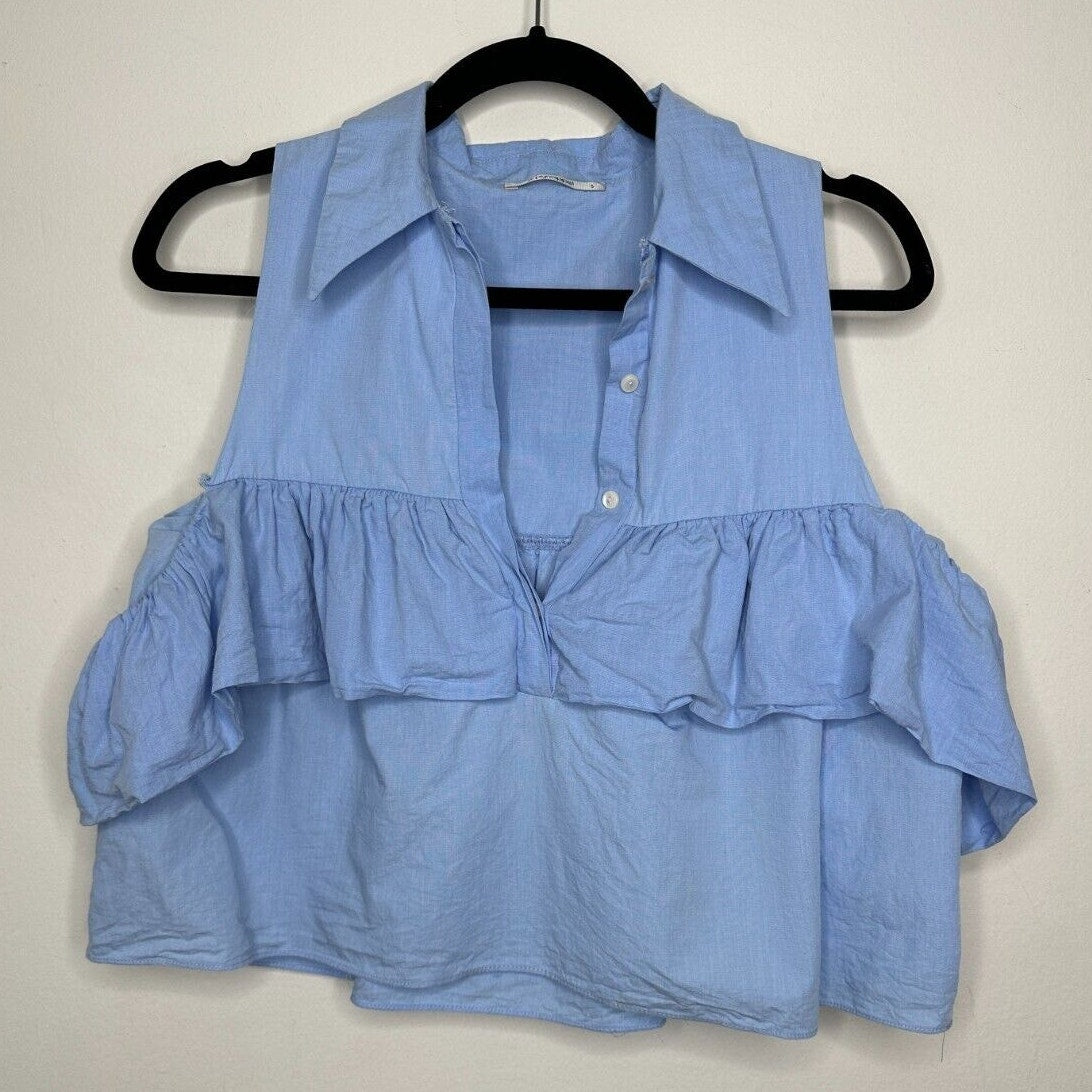 Chic Light Denim Blue Ruffled Cold Shoulder Half Front Button Flowy Blouse Small