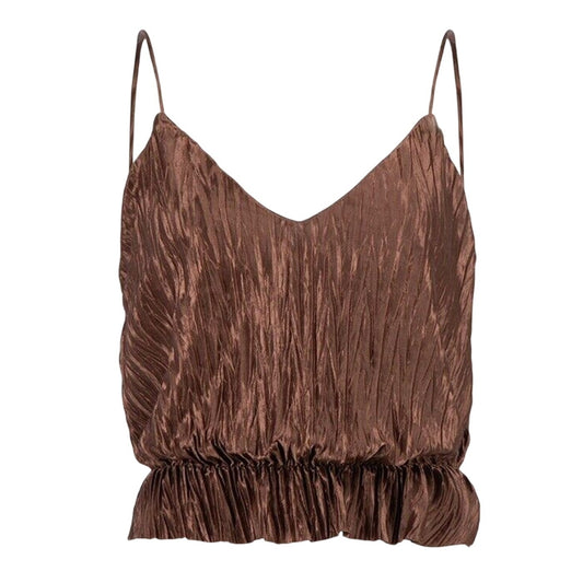 Zara Bronze Brown Travel Crinkle Satin Peplum Tank Spaghetti Strap V-Neck S