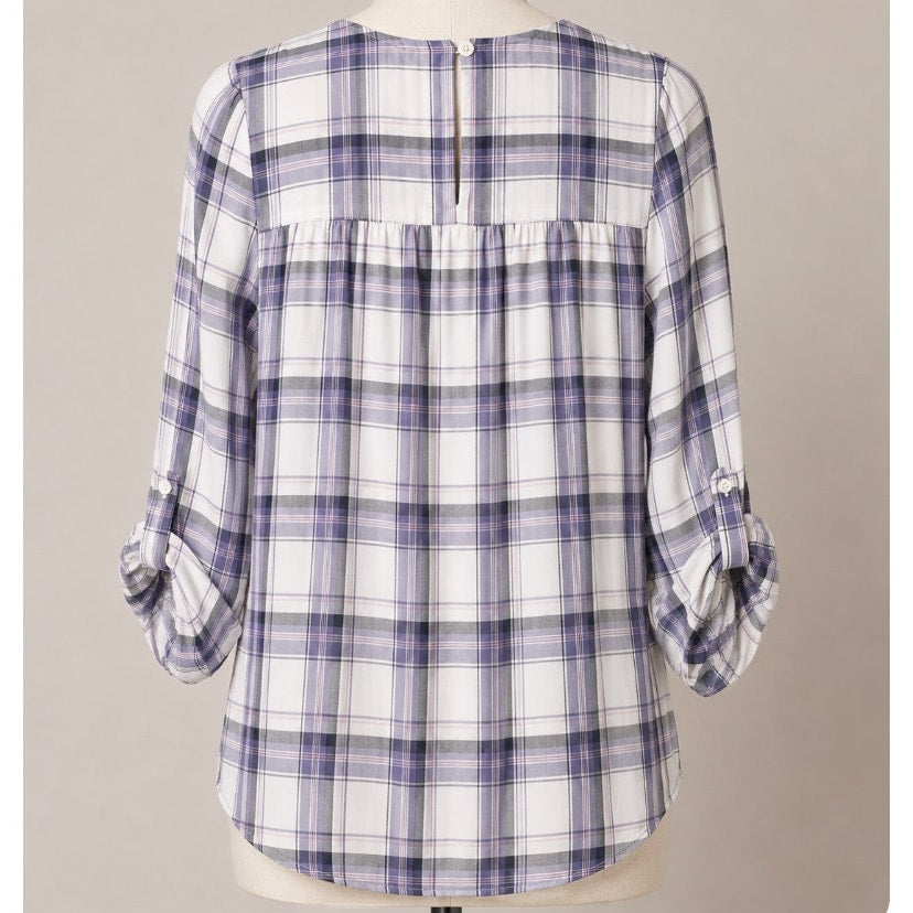 Loft Lavender Plaid Flowy Roll-Tab Sleeve Shirred Back Keyhole Button Blouse SP