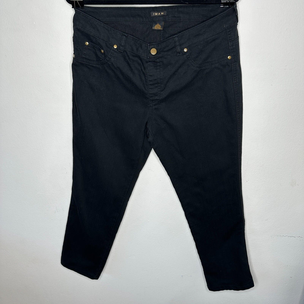 Iman Jet Black Stretch Flat Front-Button Zipper Straight Leg Pant Jean L Short
