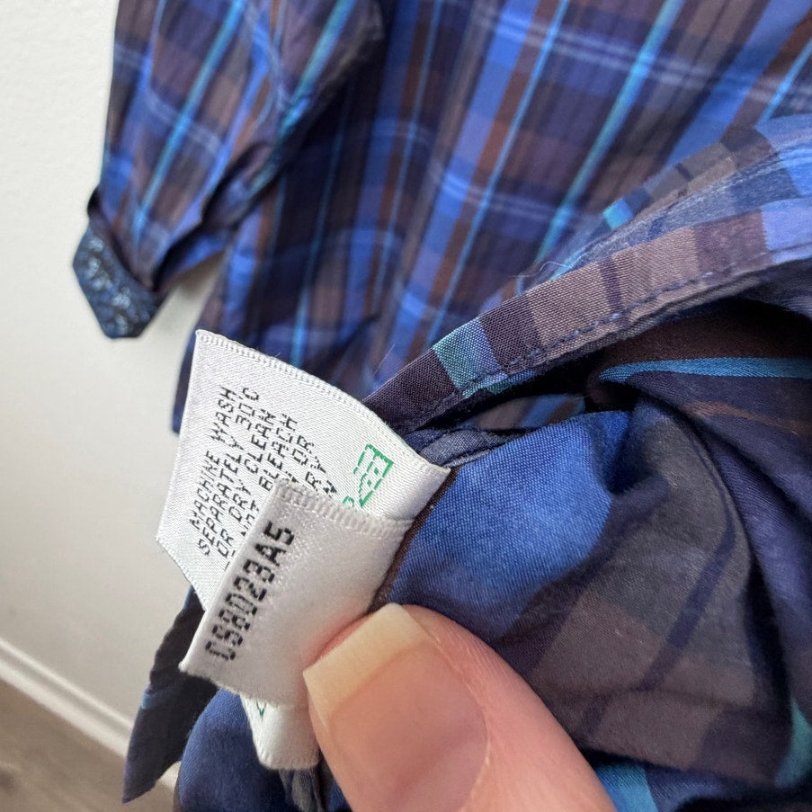 Bugatchi Plaid Button Front Shirt Blue Brown Gray Men’s L