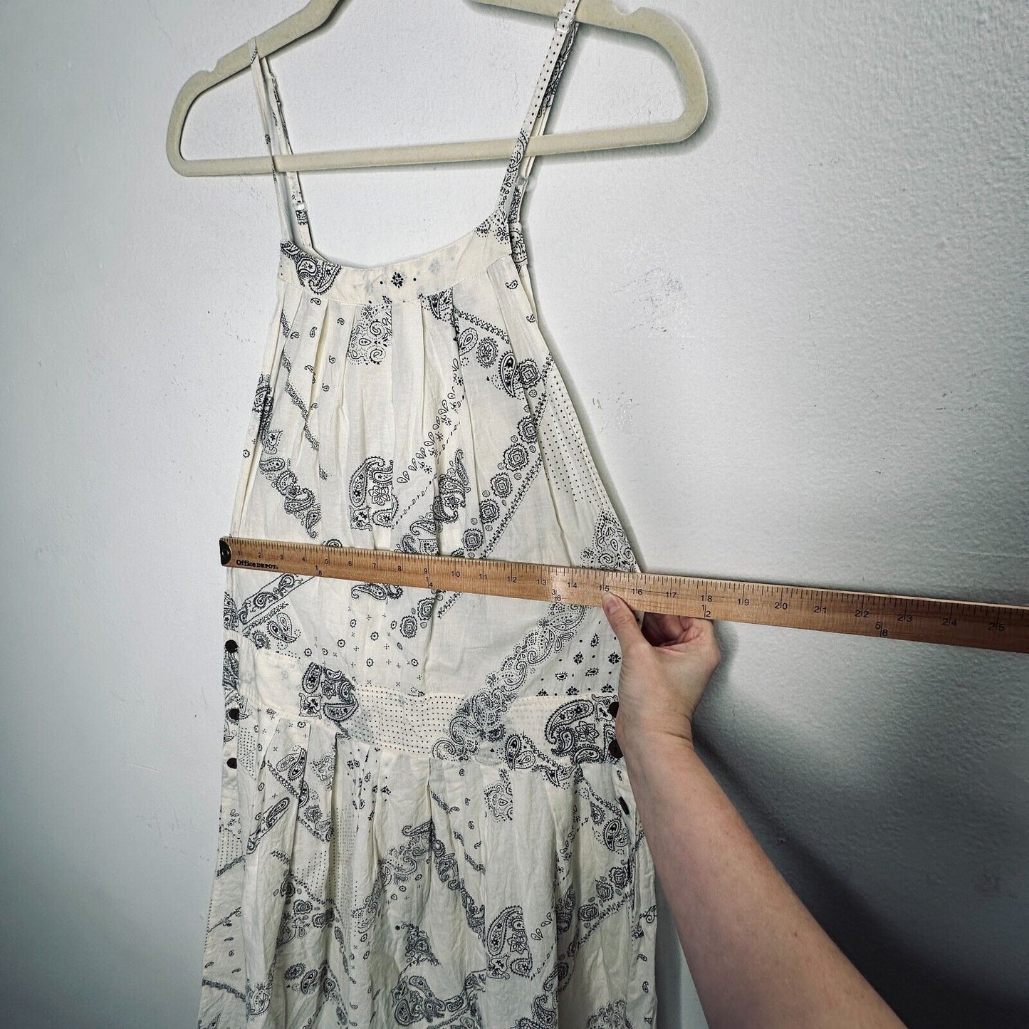 Anthro Cream Black Scarf Print Ruffle Spaghetti Strap Pleated Flowy Dress Med