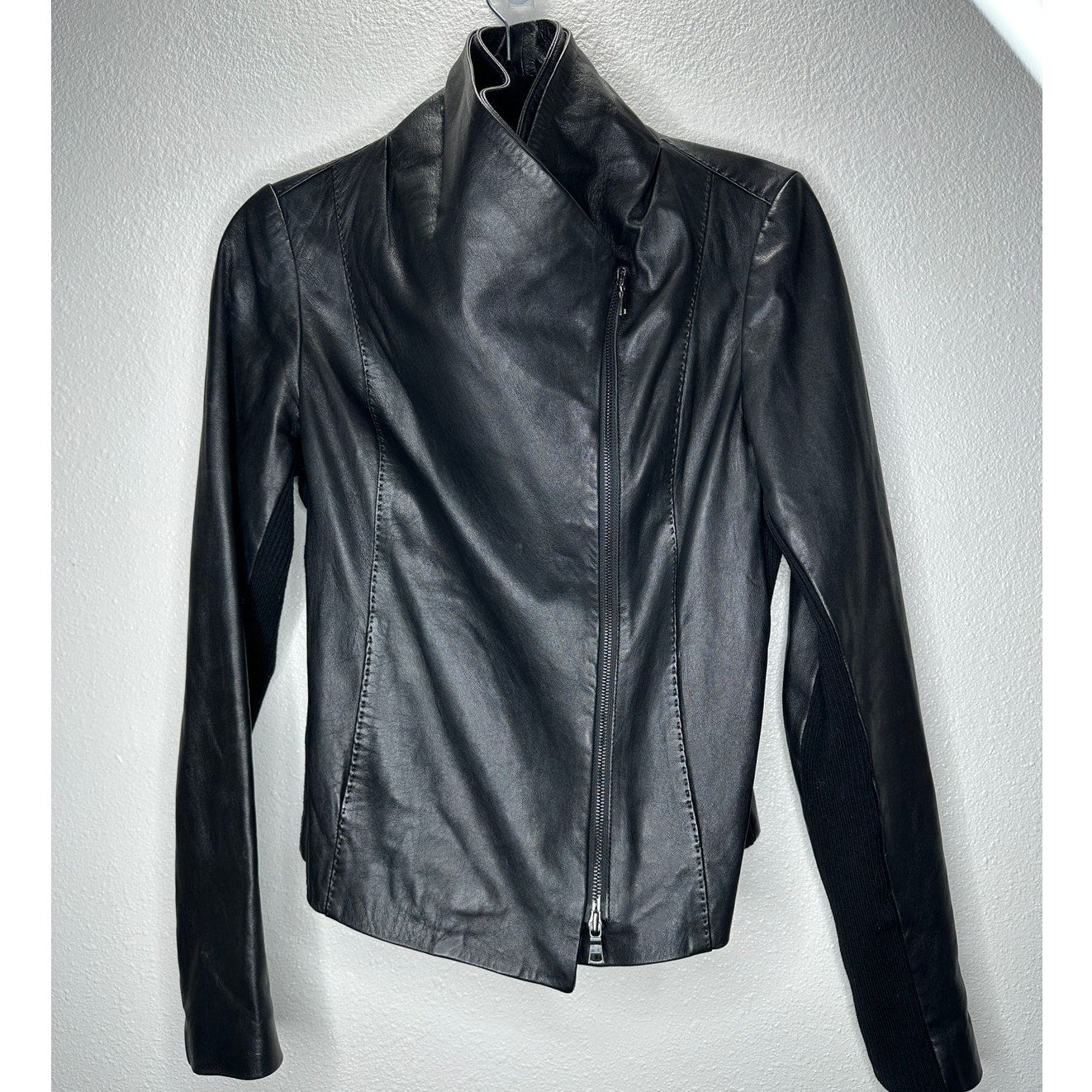 Vince Black Soft Lamb Leather Scuba Moto Jacket Asymmetrical Zip  S