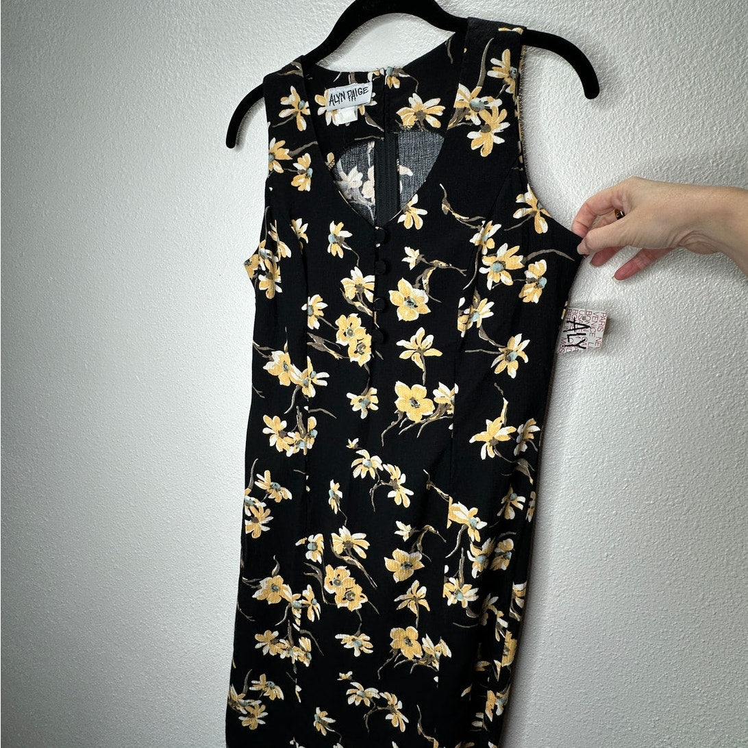 NWT Alyn Paige Black Multi Color Floral Sleeveless V-Neck Button Midi Dress 8