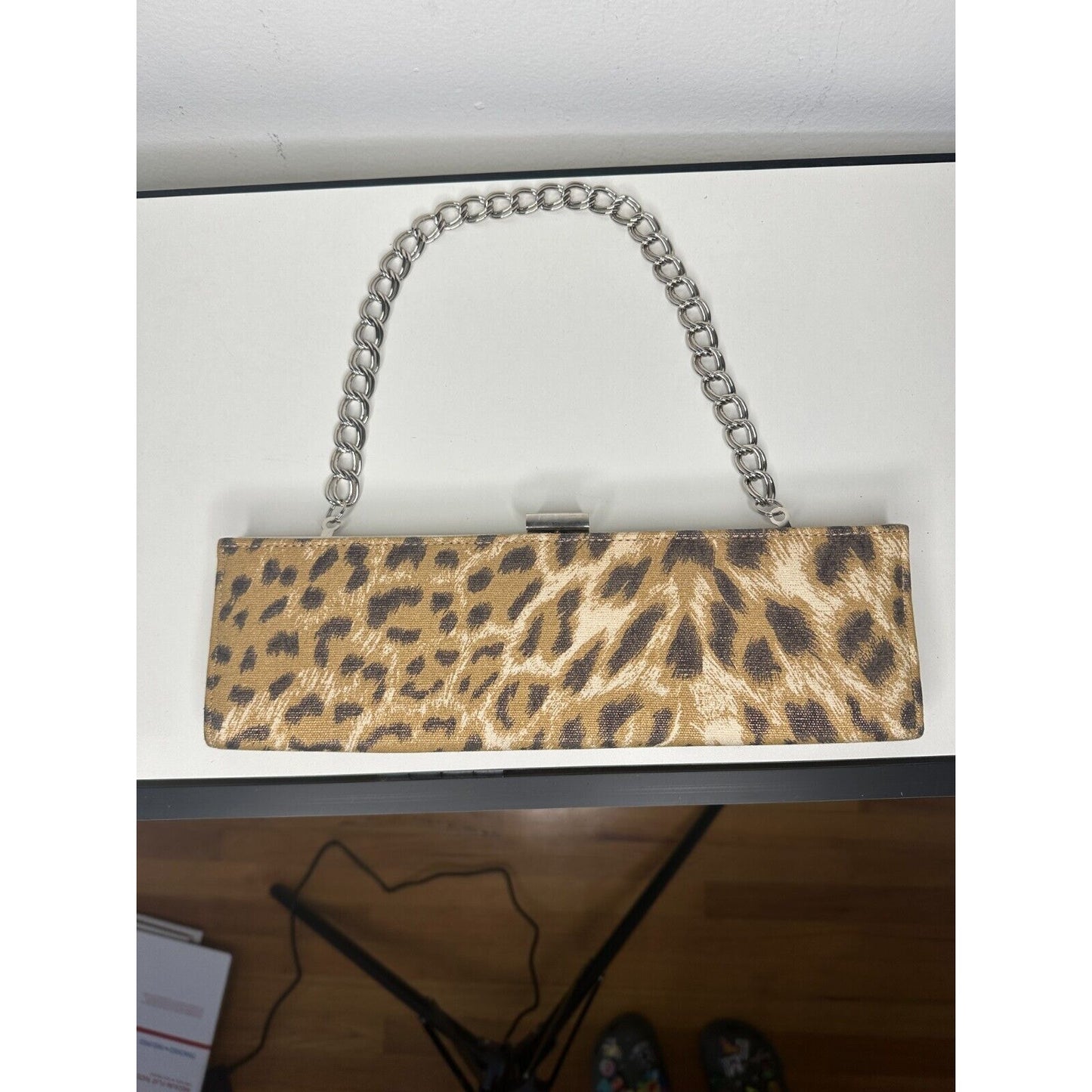 Vintage Fashion Express Leopard-Print Slim Clutch Silver Chain Strap Black Lined