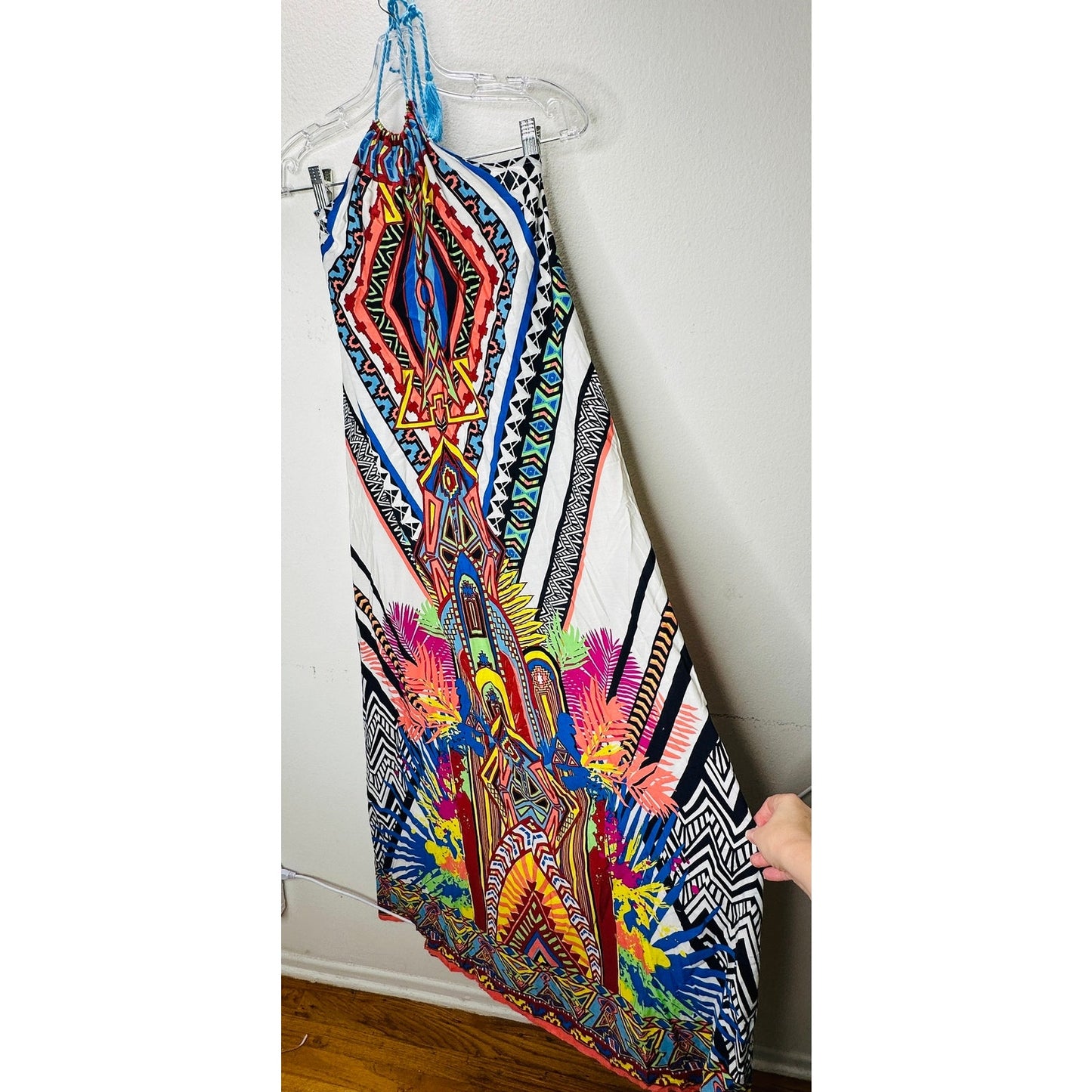 Sugarcloth White Blue Peach Multicolor Tribal Halter Maxi Dress