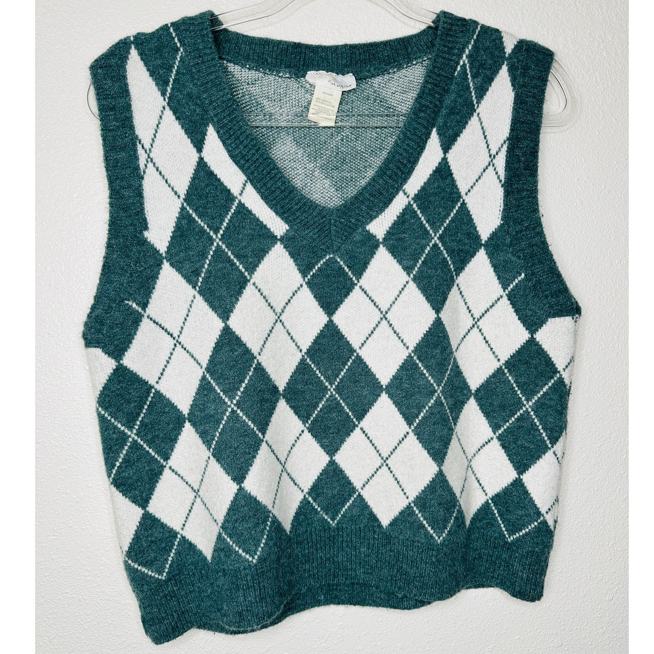 Sugar Muted Sage Green White Cream Argyle VNeck Sweater Vest